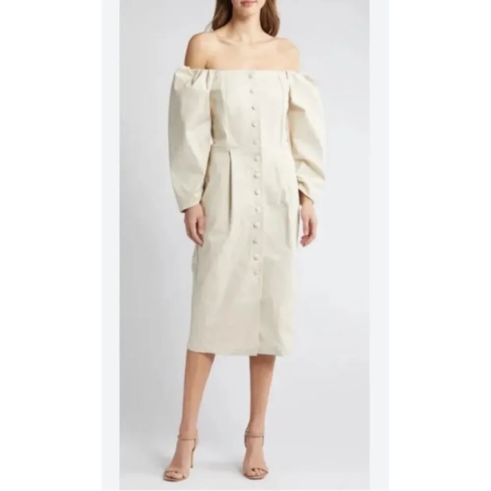 MELLODAY Off Shoulder Button Midi Dress Beige Puff Sleeve Large L